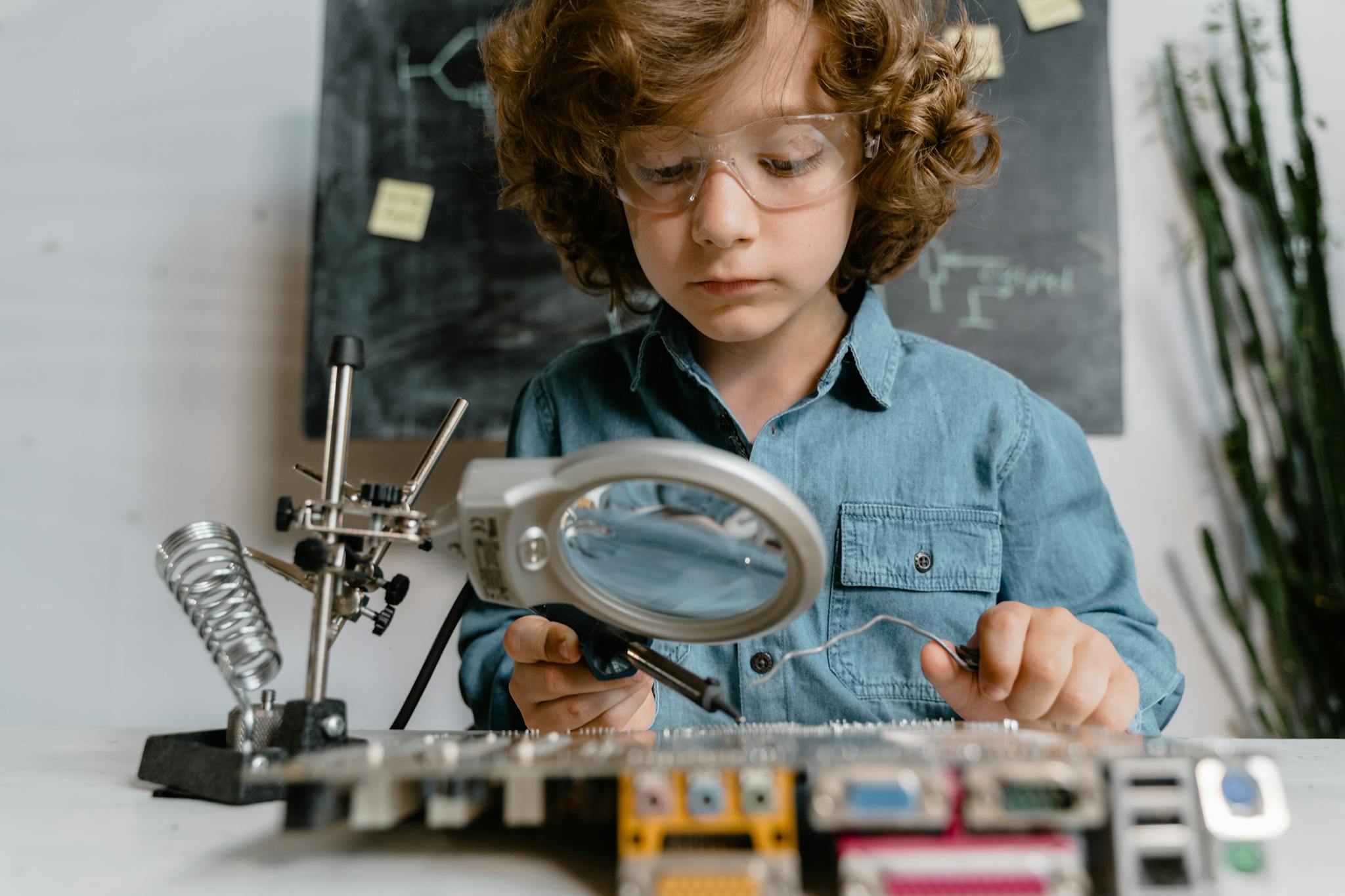 Child using tools like magnifying glass and soldering iron to learn electronics.