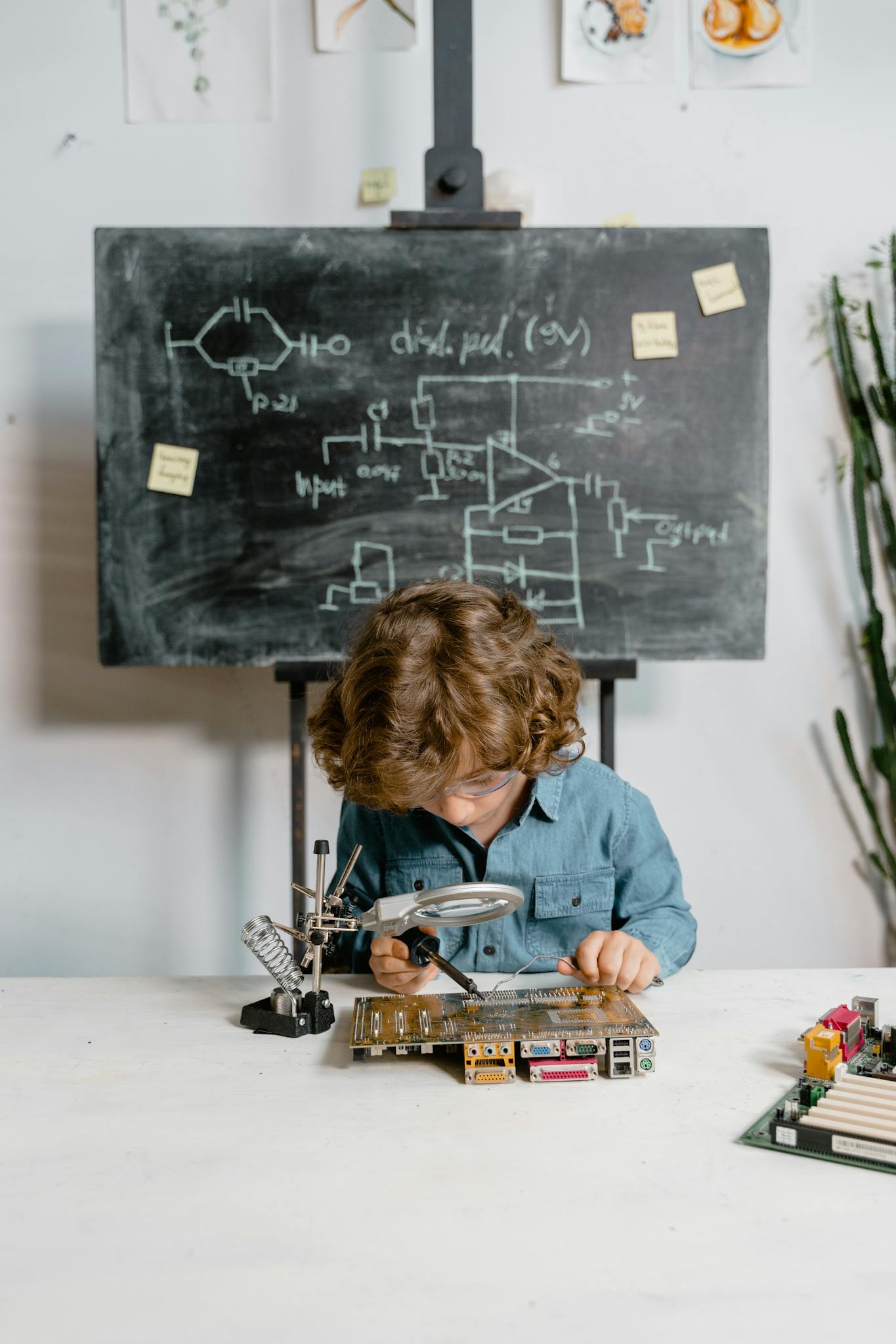 Curious child uses a magnifying glass and tools to explore circuitry at a classroom desk.